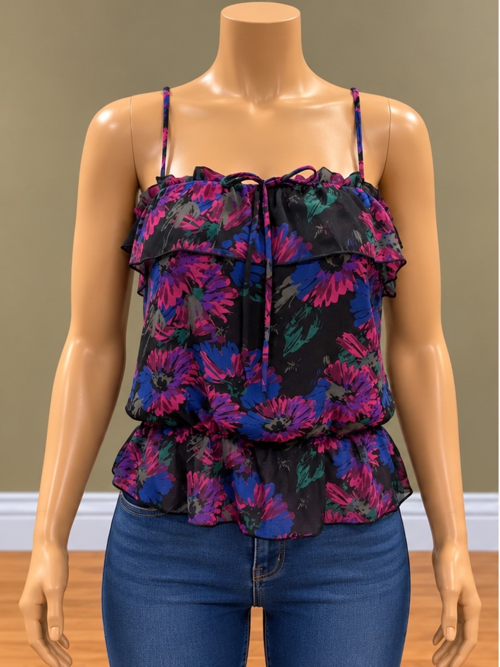 bebe Black Floral Ruffle Convertible Strapless Cami Tank Top Y2K